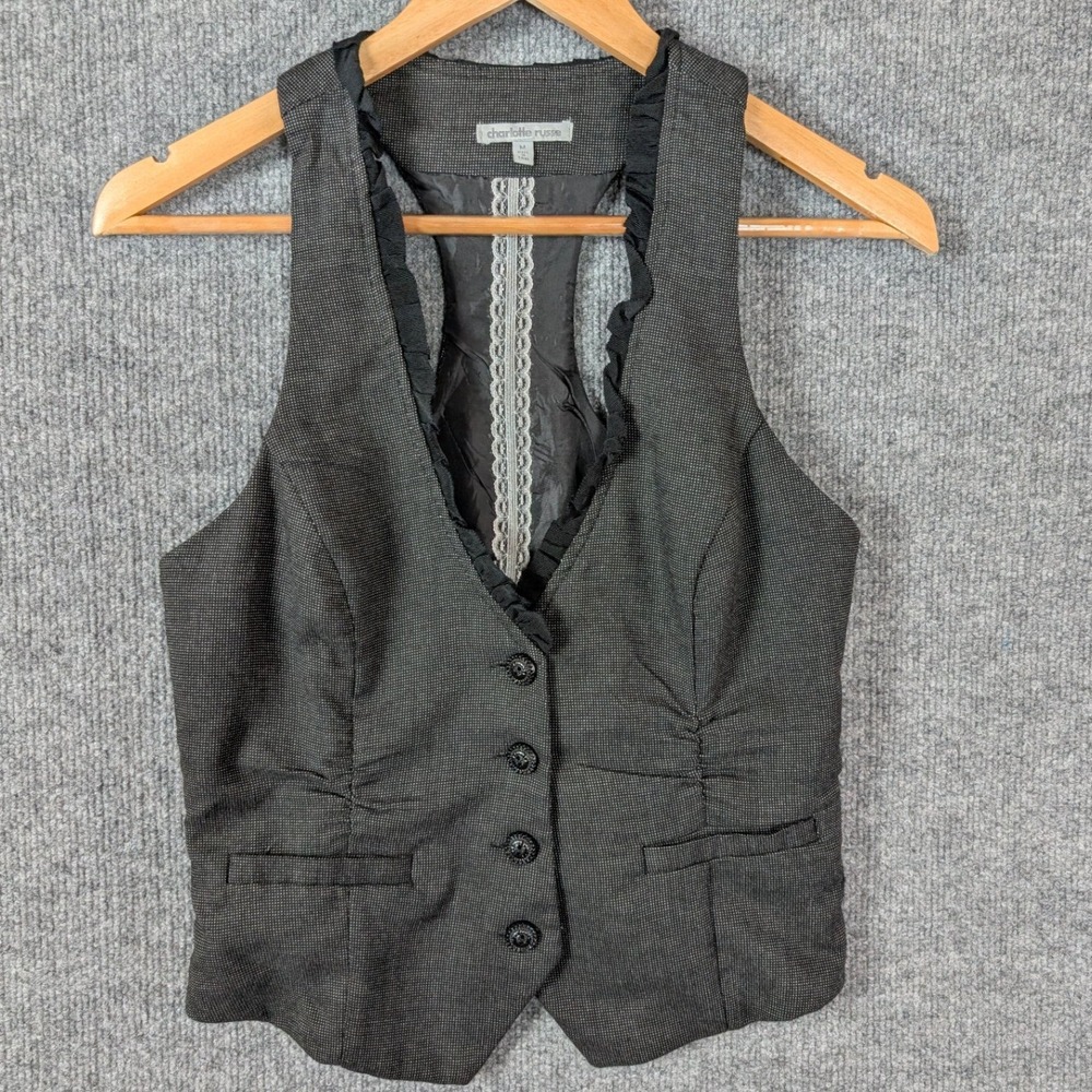 Charlotte Russe Y2k Vest M Grey Ruffle Racerback Button Dark Academia Fairy Goth